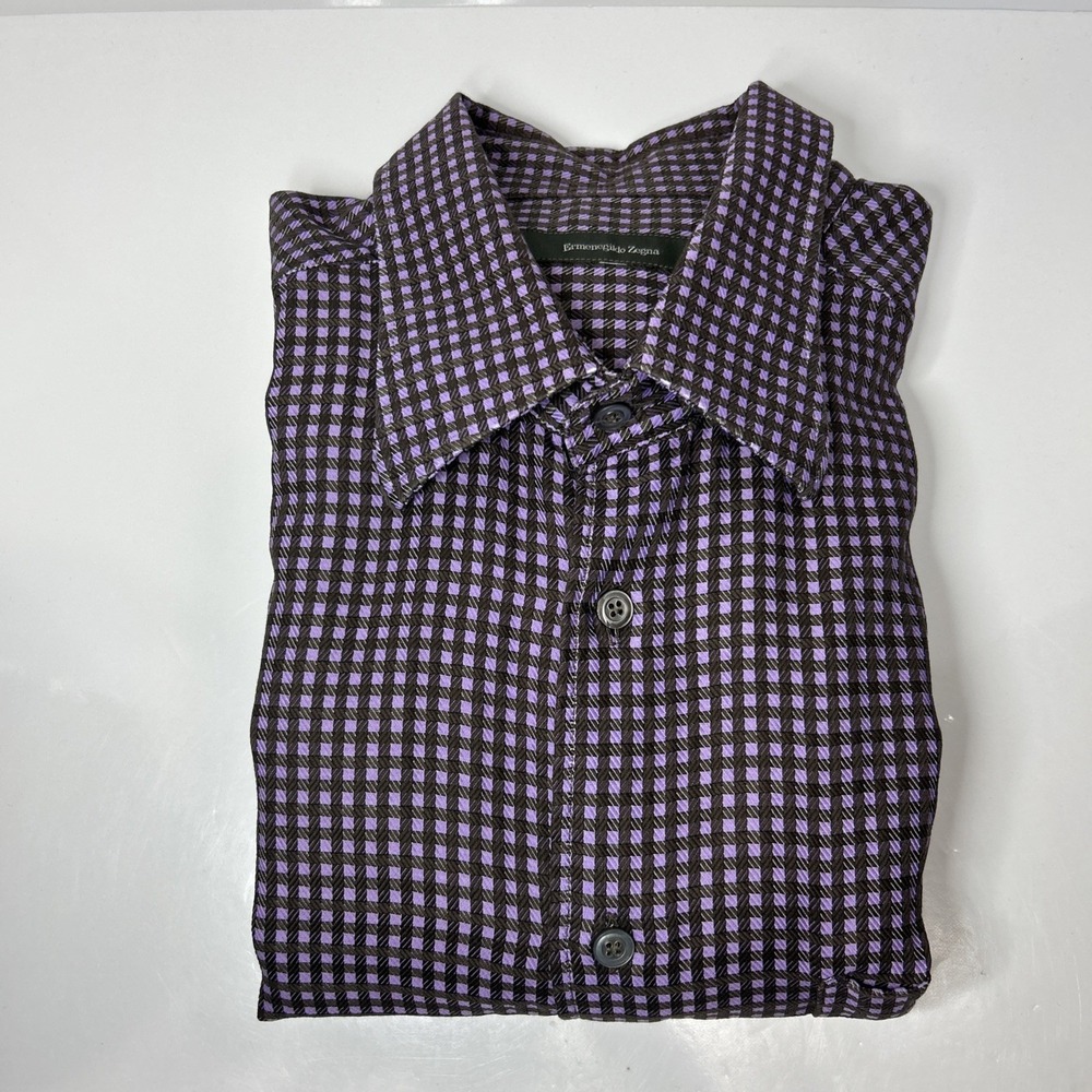 Ermenegildo Zegna Men's L Long Sleeve Button Up Purple Brown Gingham - Picture 8 of 16